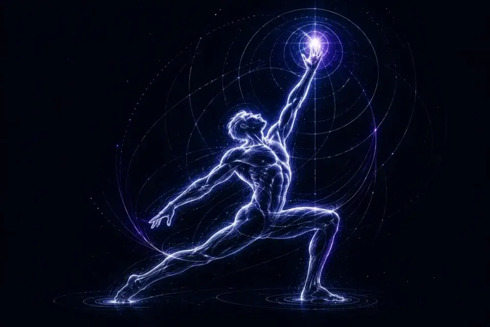 an ethereal figure of a man stretching