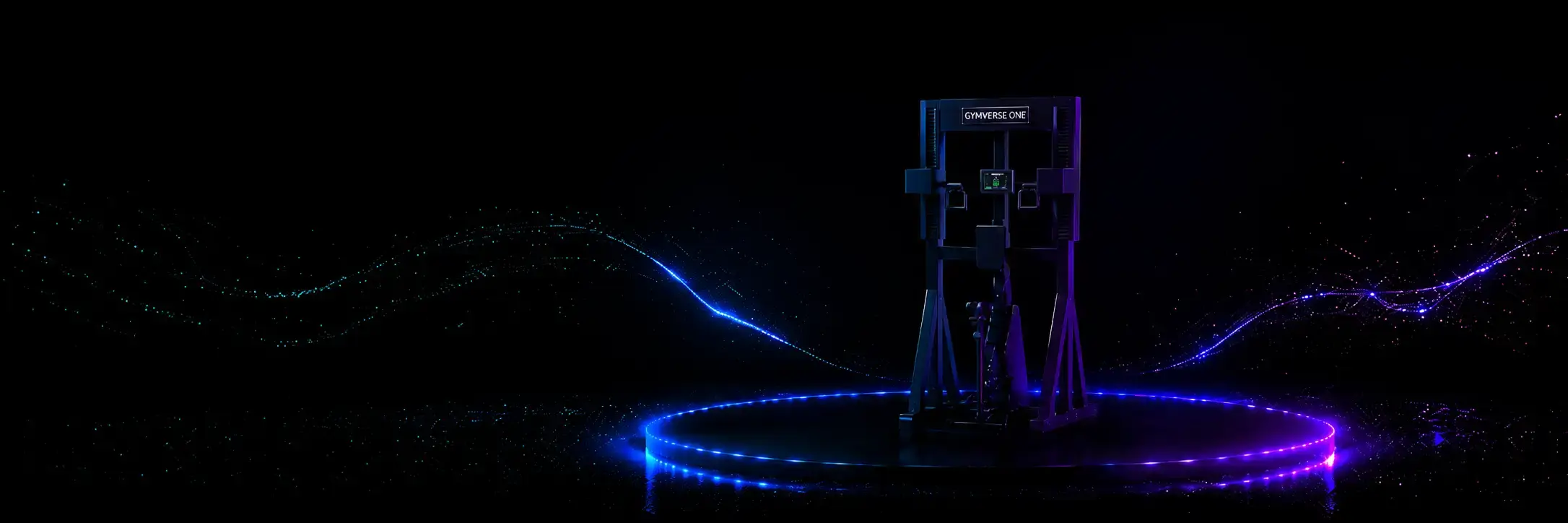 the gymverse one on a platform with blue and magenta effects