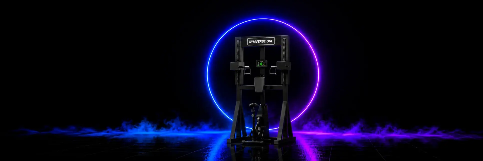 image of the gymverse one workout machine in a dark room with a halo around it and smoke effects
